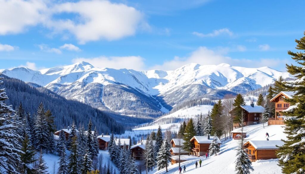 Schneebedeckte Aspen-Berge mit majestätischen Gipfeln, von weißem Schnee bedeckte Kiefern, Skifahrer, die elegant die Pisten hinuntergleiten, gemütliche Holzchalets, die im Tal eingebettet sind, ein klarer blauer Himmel mit sanften Wolken. Eine lebendige Winterlandschaft, die sowohl Energie als auch Ruhe ausstrahlt.