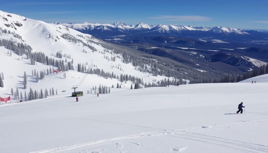 Schneebedeckte Aspen-Skipisten mit verschiedenen Abfahrten, die eine Mischung aus Anfängern und fortgeschrittenen Skifahrern zeigen, im Hintergrund die majestätischen Rocky Mountains, ein klarer blauer Himmel, eine lebendige Winterlandschaft und unberührter Pulverschnee.