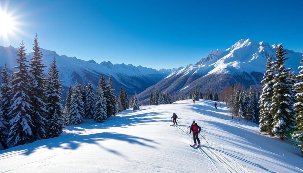 Eine atemberaubende Winterlandschaft mit Skifahrern, die elegant die pulvrigen Pisten der Rocky Mountains hinuntergleiten, umgeben von imposanten schneebedeckten Gipfeln, immergrünen Bäumen, die mit frischem Schnee bestäubt sind, und einem strahlend klaren blauen Himmel. Diese Szene fängt die Essenz eines lebhaften Ski-Paradieses ein.