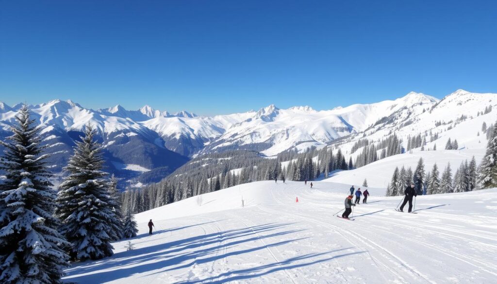 Schneebedeckte Skipisten von Chamonix in den französischen Alpen mit unterschiedlichen Schwierigkeitsgraden, einer beeindruckenden Bergkulisse, klarem blauem Himmel, Skifahrern verschiedener Könnerstufen, die elegant die Abfahrten meistern. Eine lebhafte Winterlandschaft mit von Schnee bestäubten Kiefern.