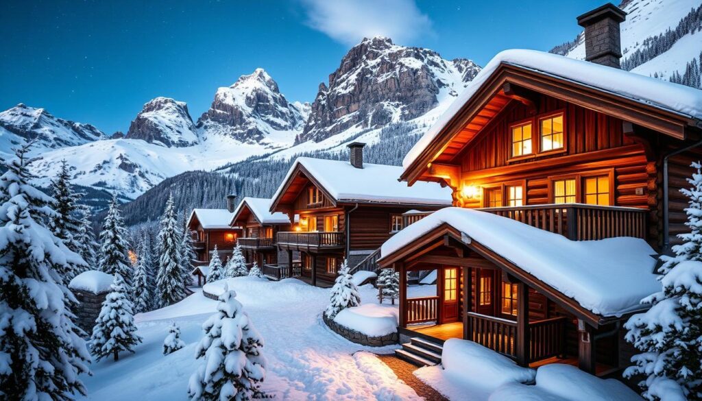 Von Schnee bedeckte rustikale Berghütten in den Dolomiten, umgeben von majestätischen Gipfeln, mit gemütlichen Holzbalkonen, Rauch, der aus den Schornsteinen aufsteigt, und einem warmen Leuchten, das aus den Fenstern strömt. Im Hintergrund erstrecken sich schneebeladene Bäume vor einem sternenklaren Nachthimmel.