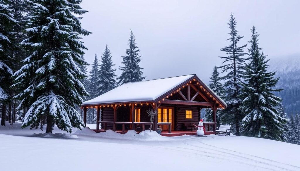 Eine gemütliche Winterhütte, eingebettet in die schneebedeckten Hügel von Winterberg, umgeben von hohen Kiefern. Aus den Fenstern strahlt warmes Licht, während sanfte Schneeflocken durch die Luft wirbeln. Die einladende Veranda mit einer Holzbank und einem Schneemann verstärkt die heimelige Atmosphäre. Im Hintergrund erstreckt sich eine friedliche Winterlandschaft mit majestätischen Bergen.