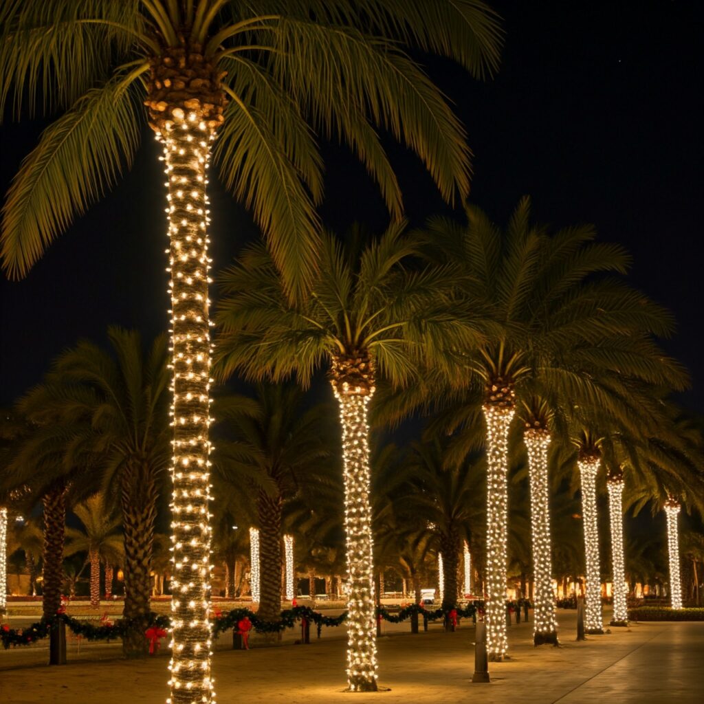 a row of palm trees with lights