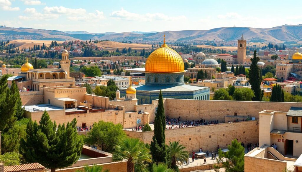 Ein Panorama von Jerusalem, das die ikonische goldene Kuppel des Felsendoms zeigt, wie sie in der Sonne glänzt, umgeben von antiken Steingebäuden und lebhaften Basaren. Die Klagemauer ist deutlich zu sehen, während Besucher ihre Ehrerbietung erweisen. Im Hintergrund erstrecken sich sanfte Hügel unter einem blauen Himmel, was die Szene zusätzlich bereichert. Zwischen der alten Architektur schimmert üppiges Grün hindurch und fängt die Essenz von Geschichte und Spiritualität in dieser pulsierenden Stadt ein.