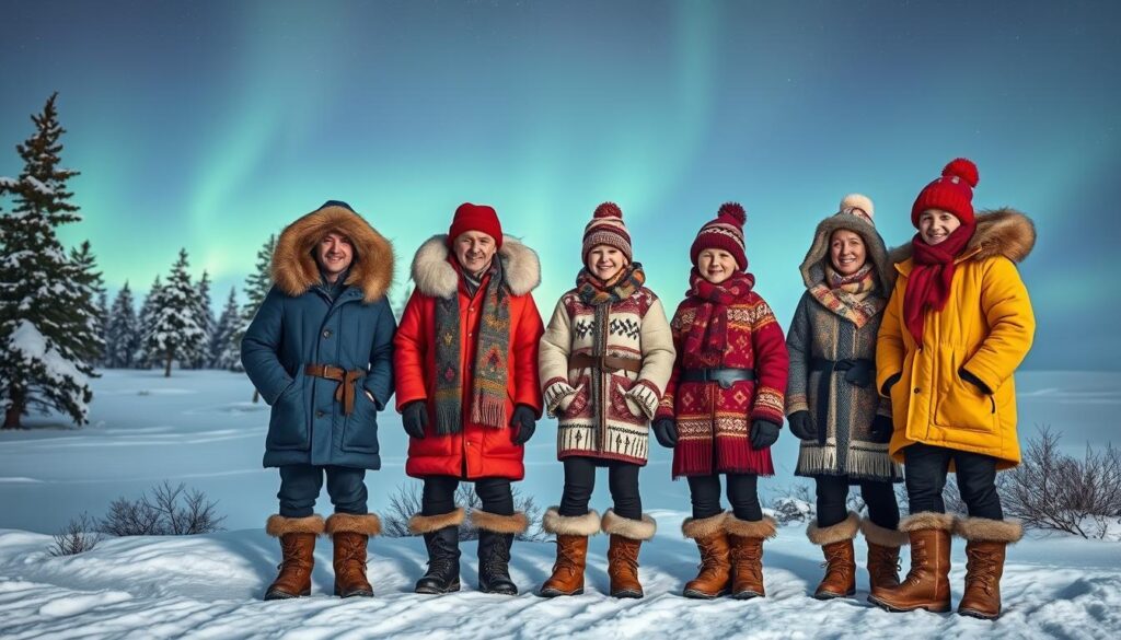 Eine gemütliche Winterszene zeigt traditionelle Kleidung aus Lappland: bunte, pelzbesetzte Jacken, warme Wollpullover, flauschige Mützen und robuste Schneestiefel. Die Szene ist eingebettet in eine verschneite Landschaft mit Kiefern, während die Nordlichter im Hintergrund den Himmel in lebhaften Farben erleuchten. Dieses Bild unterstreicht die Harmonie von Funktionalität und traditionellem Design in einer authentischen winterlichen Umgebung.