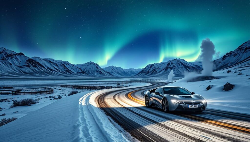 Eine verschneite isländische Straße, die sich durch eine atemberaubende Winterlandschaft windet, umgeben von sanft fallenden Schneeflocken, mit zerklüfteten Bergen im Hintergrund. Die schimmernden Lichter der Nordlichter erleuchten den Himmel, und ein elegantes Auto fährt mit seinen Scheinwerfern, die durch die Dunkelheit schneiden, während Dampf von nahegelegenen geothermischen Quellen aufsteigt.