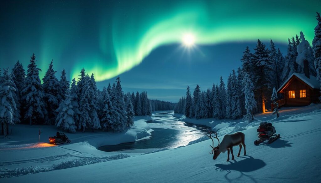 Eine verschneite isländische Straße, die sich durch eine atemberaubende Winterlandschaft windet, umgeben von sanft fallenden Schneeflocken, mit zerklüfteten Bergen im Hintergrund. Die schimmernden Lichter der Nordlichter erleuchten den Himmel, und ein elegantes Auto fährt mit seinen Scheinwerfern, die durch die Dunkelheit schneiden, während Dampf von nahegelegenen geothermischen Quellen aufsteigt.