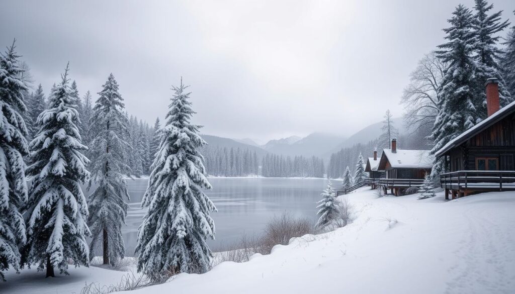 Eine ruhige Winterlandschaft im Schwarzwald mit schneebedeckten Kiefern, einem friedlichen zugefrorenen See, der den Himmel widerspiegelt, sanftem Schneefall, der eine zauberhafte Atmosphäre schafft, rustikalen Holzhütten mit Rauch, der aus den Schornsteinen steigt, und entfernten Bergen unter einem sanft grauen Himmel.