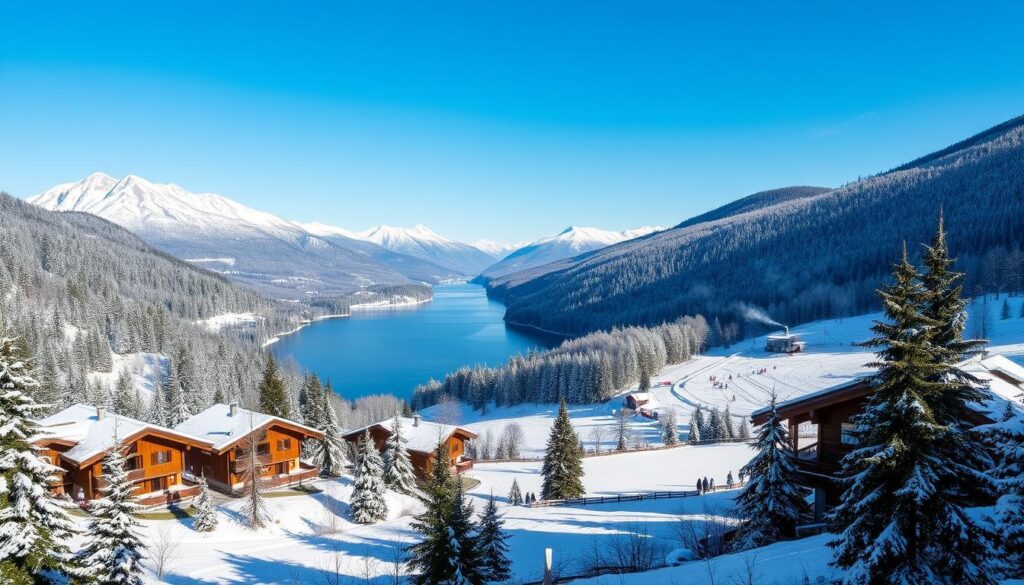 Eine malerische Winterlandschaft in Winterberg, Deutschland, mit schneebedeckten Bergen und Kiefern, charmanten Holzhütten, aus deren Schornsteinen Rauch aufsteigt, einer lebhaften Skipiste voller Wintersportler und einem ruhigen, zugefrorenen See, der den klaren blauen Himmel widerspiegelt. Alles ist in eine friedliche winterliche Atmosphäre gehüllt.
