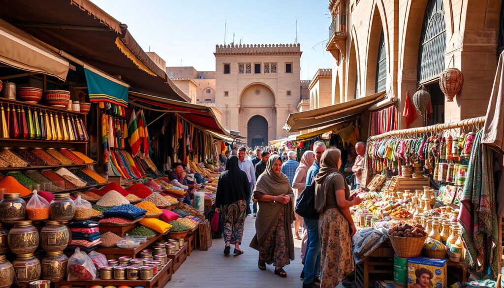 Lebhafter Straßenmarkt in Ägypten, der bunte Gewürze, handgefertigtes Kunsthandwerk und traditionelle Kleidung präsentiert. Geschäftige Einheimische führen lebhafte Gespräche, im Hintergrund ist antike Architektur zu sehen, während warmes Sonnenlicht sanfte Schatten wirft.