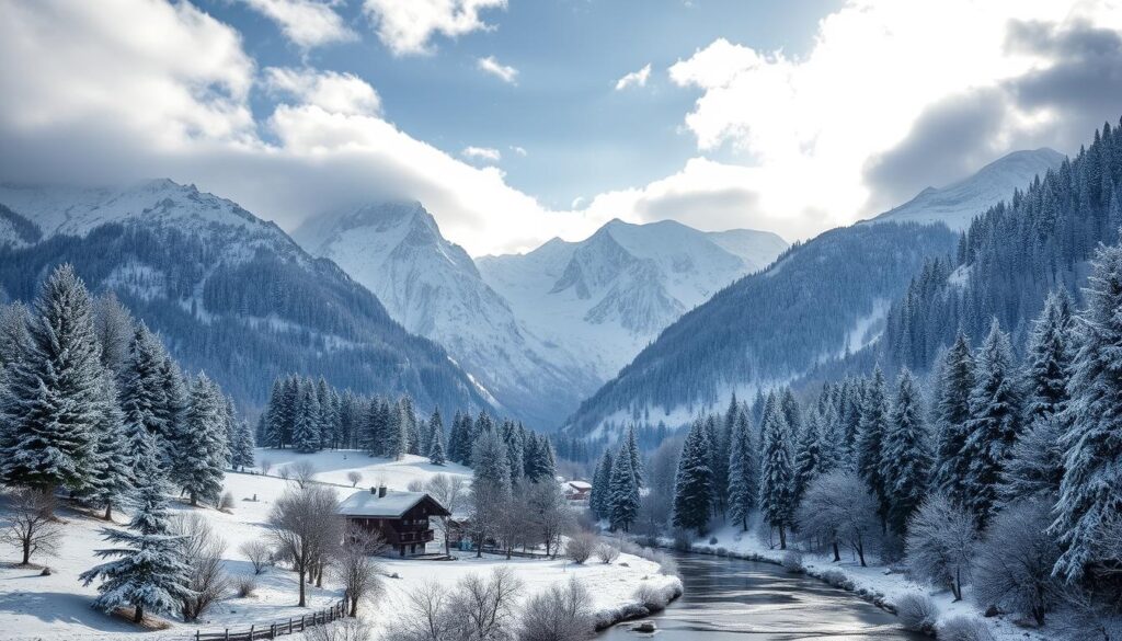 Allgäuer Winterlandschaft mit schneebedeckten Bergen, majestätischen Gipfeln und frostigen Kiefern. Ruhige Alpenwiesen, weiches Sonnenlicht, das durch die Wolken bricht, und sanft fallende Schneeflocken schaffen eine friedliche Atmosphäre. Malerische Chalets schmiegen sich ins Tal, während eisige Bäche die winterliche Szenerie reflektieren.
