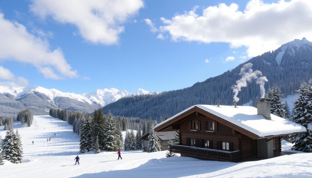 Eine malerische Winterlandschaft im Allgäu mit schneebedeckten Bergen und makellosen Skipisten. Skifahrer gleiten elegant die Hänge hinunter, umgeben von schneebestäubten Kiefern. Im Vordergrund steht ein gemütliches Alpenchalet, aus dessen Schornstein Rauch aufsteigt, unter einem klaren blauen Himmel mit weißen, flauschigen Wolken. Die Szenerie fängt die Magie eines Winterwunderlandes ein und zeigt die Schönheit des Skifahrens im Allgäu.