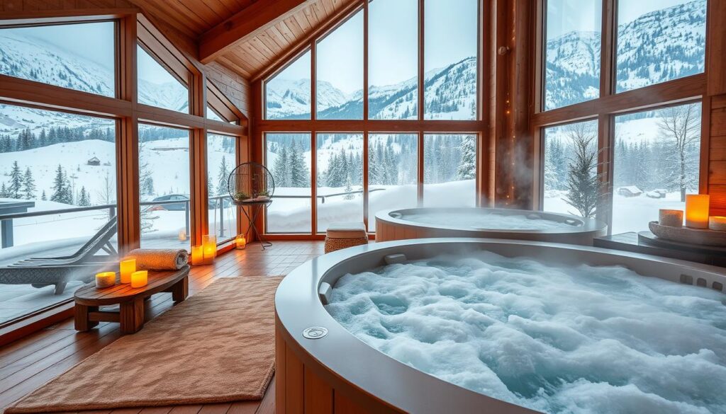 Ein ruhiger Wellness-Rückzugsort in der Allgäu-Region im Winter, mit einem gemütlichen Spa und großen Fenstern, die den Blick auf schneebedeckte Berge freigeben. Warme Holzeinrichtungen, sprudelnde Whirlpools mit dampfendem Wasser, sanftes Kerzenlicht und aromatische ätherische Öle schaffen eine entspannende Atmosphäre, während draußen flauschige Schneeflocken sanft herabfallen.