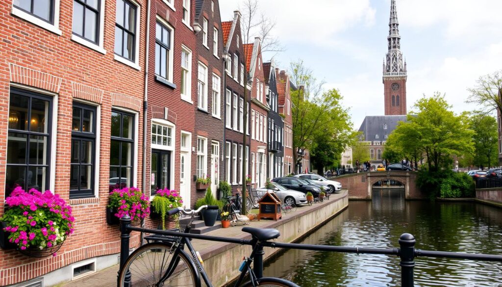 Ein malerischer Blick auf die ikonischen Grachten Amsterdams, gesäumt von traditionellen schmalen Häusern, lebhaften Blumen in Fensterkästen, einem klassischen Fahrrad, das am Wasser geparkt ist, und dem berühmten Westerkerk-Turm im Hintergrund, der den Charme und die Schönheit der einzigartigen Architektur der Stadt präsentiert.