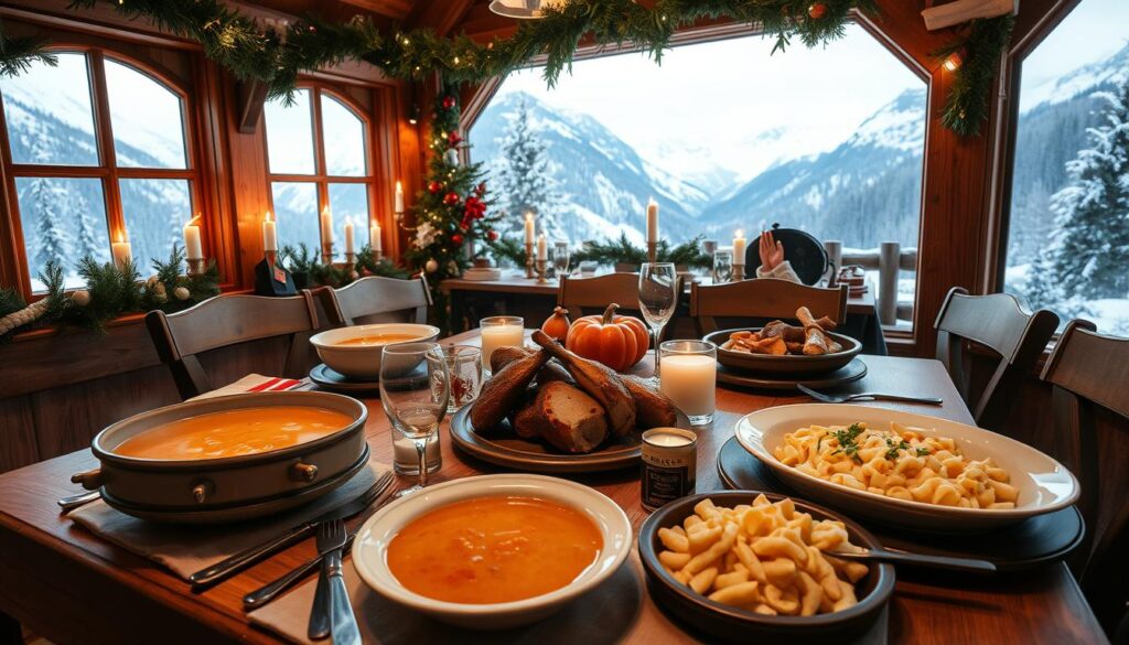 Ein gemütlicher Tisch in einer Almhütte, beladen mit traditionellen bayerischen Wintergerichten: dampfende Schüsseln mit Kartoffelsuppe, knusprig gebratene Schweinshaxen und reichhaltige Käsespätzle. Durch die Fenster sind verschneite Berglandschaften zu sehen. Warmes Holzdekor, flackerndes Kerzenlicht und festliches Grün sorgen für ein Gefühl von Wärme und Geborgenheit in einem winterlichen Paradies.