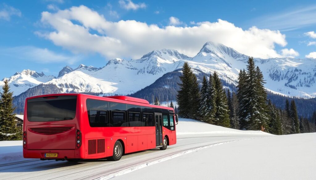 Eine verschneite Berglandschaft im Berchtesgadener Land mit einem leuchtend roten Skibus, der sich durch die malerische Alpenkulisse schlängelt. Im Hintergrund erheben sich schneebedeckte Gipfel und mit Schnee bedeckte Kiefern, während ein blauer Himmel mit sanften weißen Wolken die Szene abrundet. Ein Bild, das die Essenz eines Winterurlaubs in einem alpinen Paradies einfängt.
