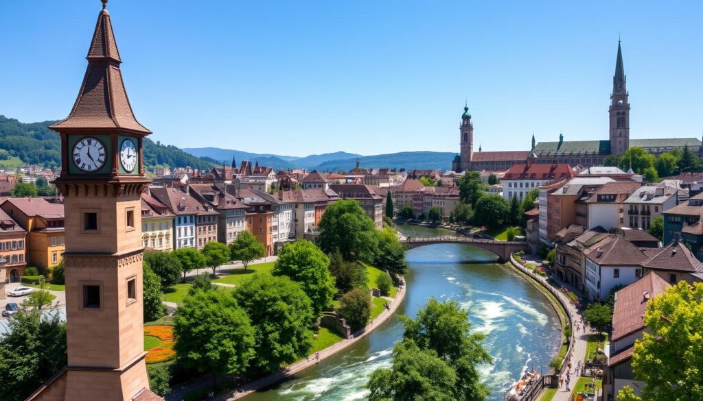 Eine malerische Ansicht von Bern, Schweiz, mit dem ikonischen Zytglogge-Uhrturm, der schönen Aare, die sich durch die Stadt schlängelt, historischen mittelalterlichen Gebäuden mit farbenfrohen Fassaden, üppigen grünen Parks und dem majestätischen Berner Münster im Hintergrund. Alles wird von einem strahlend blauen Himmel gekrönt und fängt die charmante Atmosphäre der Stadt ein.