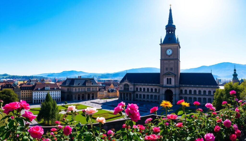 Eine Panoramaansicht von Bern, Schweiz, mit dem ikonischen Zytglogge-Uhrturm, dem beeindruckenden Bundeshaus und dem wunderschönen Rosengarten im Vordergrund, der mit leuchtenden Blumen geschmückt ist. Alles wird von einem klaren blauen Himmel und sanftem Sonnenlicht beleuchtet, wodurch der Charme der Schweizer Architektur und Landschaft perfekt eingefangen wird.