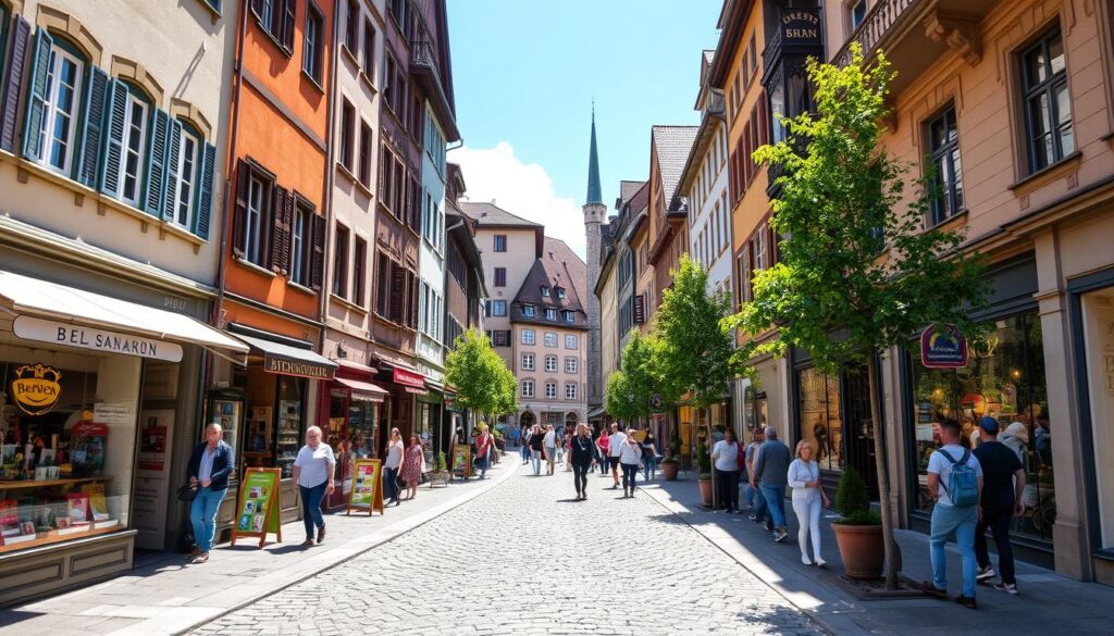 Eine bezaubernde Straße in der Berner Altstadt mit charmanten Boutiquen, deren farbenfrohe Schaufenster zum Stöbern einladen. Kopfsteinpflasterwege, gesäumt von Bäumen, historische Architektur und lebhafte Passanten schaffen eine lebendige Atmosphäre. Bei sonnigem Wetter taucht warmes Licht die Szenerie in eine einladende Stimmung, während die kunstvollen Details der Gebäude den Charme der Altstadt unterstreichen.
