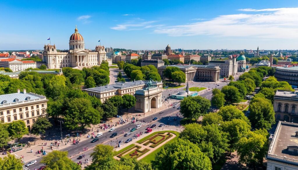 Eine lebendige Stadtansicht von Bukarest mit ikonischen Wahrzeichen wie dem Parlamentspalast und dem Triumphbogen, umgeben von üppigen grünen Parks und belebten Straßen voller Menschen. Klassische Architektur verschmilzt mit modernen Gebäuden unter einem strahlend blauen Himmel.