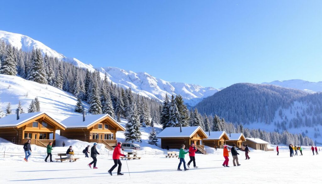 Eine friedliche Winterlandschaft in Davos mit schneebedeckten Bergen, gemütlichen Holzhütten umgeben von Kiefern, Menschen, die Aktivitäten wie Schneeschuhwandern und Schlittschuhlaufen auf einem zugefrorenen See genießen, bunter Winterkleidung, einem klaren blauen Himmel, sanftem Sonnenlicht, das weiche Schatten wirft, und glitzernden Schneeflocken, die vom Himmel fallen.
