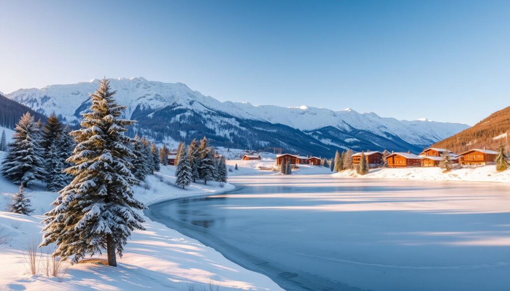 Eine ruhige Winterlandschaft im Engadiner Tal mit schneebedeckten Schweizer Alpen, stillen zugefrorenen Seen, die den klaren blauen Himmel spiegeln, mit frischem Schnee bedeckten Kiefern, charmanten Alpenchalets, die sich inmitten der Berge schmiegen, und einem sanften goldenen Licht der untergehenden Sonne, das lange Schatten über den makellosen weißen Schnee wirft.
