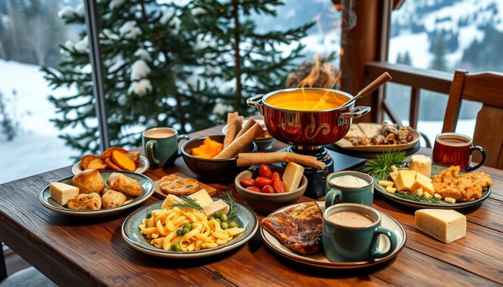 Ein gemütlich gedeckter Tisch mit einer Auswahl traditioneller Engadiner Gerichte, die durch lebendige Farben und Texturen bestechen. Ein rustikaler Holztisch vor einer Kulisse aus schneebedeckten Bergen und Kiefern. Kulinarische Spezialitäten wie Capuns, Pizzoccheri und verschiedene Käsesorten werden kunstvoll arrangiert, begleitet von einem dampfenden Fondue-Topf. Dazu stehen Tassen mit heißer Schokolade oder Glühwein bereit, um das Bild zu vervollständigen. Eine warme, einladende Atmosphäre mit sanfter Beleuchtung und einem Hauch von Winterzauber.