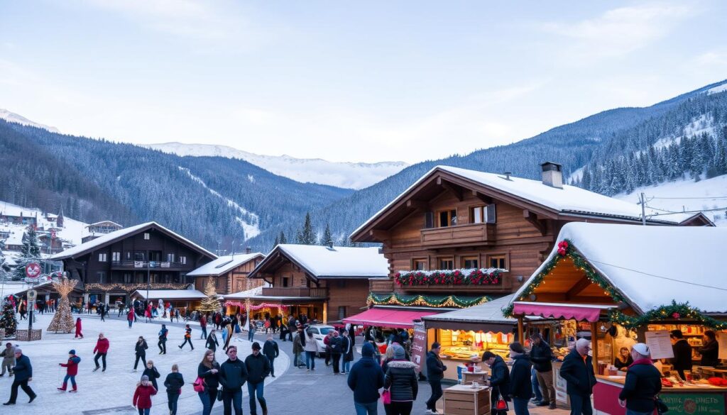 Eine malerische Winterlandschaft, die ein lebhaftes Alpendorf während winterlicher Veranstaltungen zeigt. Zu sehen sind schneebedeckte Berge, funkelnde Lichter, die rustikale Holzchalets schmücken, Skifahrer, die elegant die Pisten hinabgleiten, Familien, die festliche Aktivitäten auf dem Dorfplatz genießen, sowie ein gemütlicher Outdoor-Markt mit warmen Getränken und handgefertigten Kunstwerken unter einem klaren blauen Himmel.