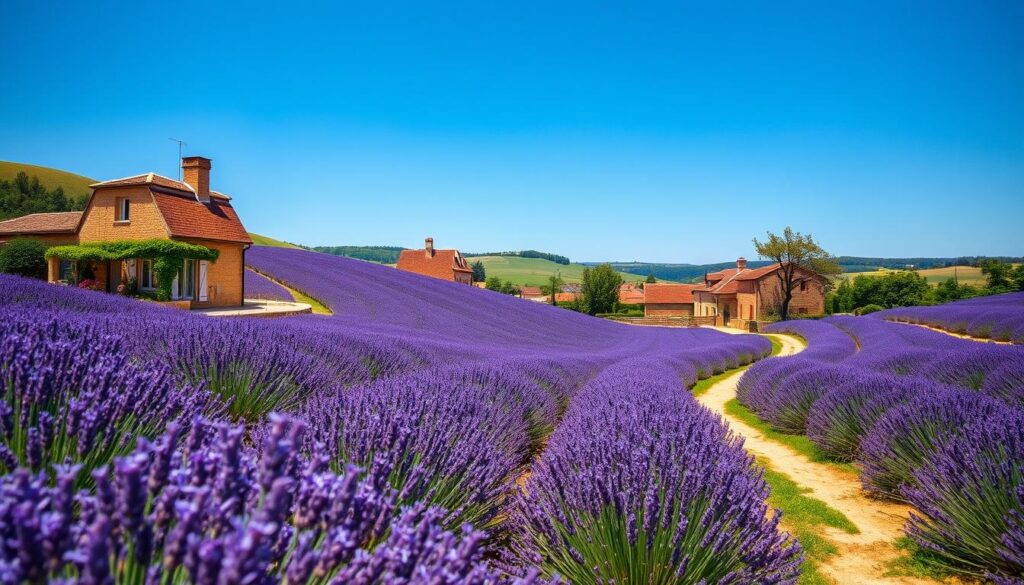 Eine malerische Szene aus der lebendigen französischen Landschaft, mit sanft geschwungenen Lavendelfeldern unter einem klaren blauen Himmel. Charmante Steinhäuser mit blühenden Gärten und ein gewundener Weg, der zu einem malerischen Dorf führt. Das warme Sommerlicht taucht die Landschaft in goldene Töne und schafft eine ruhige, einladende Atmosphäre.