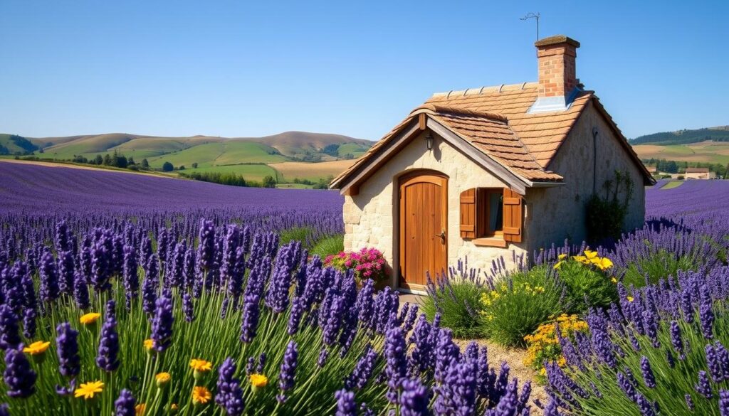 Ein charmantes französisches Landhaus, umgeben von Lavendelfeldern, mit einer rustikalen Holztür, lebendigen Blumen im Garten und sanften Hügeln im Hintergrund unter einem klaren blauen Himmel.