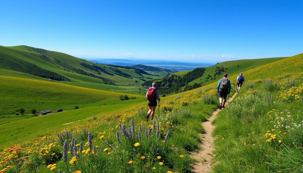 Eine malerische Landschaft von Wanderern, die einen üppig grünen Pfad in der französischen Landschaft entlanggehen, umgeben von sanften Hügeln und lebendigen Wildblumen unter einem klaren blauen Himmel. In der Ferne sind Berge am Horizont sichtbar, die das Wesen von Outdoor-Abenteuern in Frankreich einfangen.