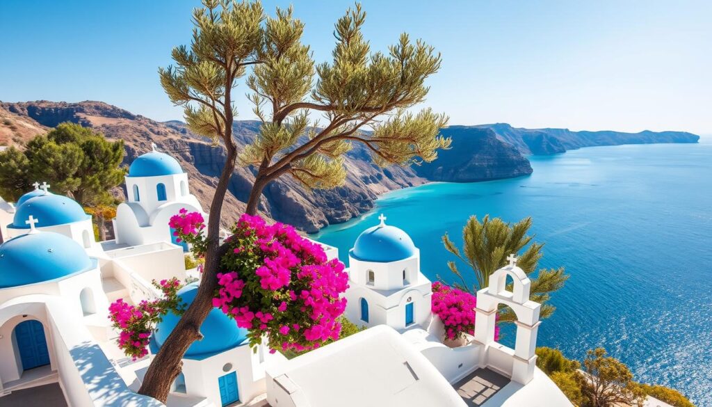 Eine malerische griechische Landschaft mit weiß getünchten Gebäuden und blauen Kuppeln, die auf ein kristallklares, türkisfarbenes Meer blicken. Umgeben von üppigen Olivenbäumen und leuchtenden Bougainvilleen, vor einer Kulisse aus dramatischen Klippen und einem strahlend blauen Himmel.