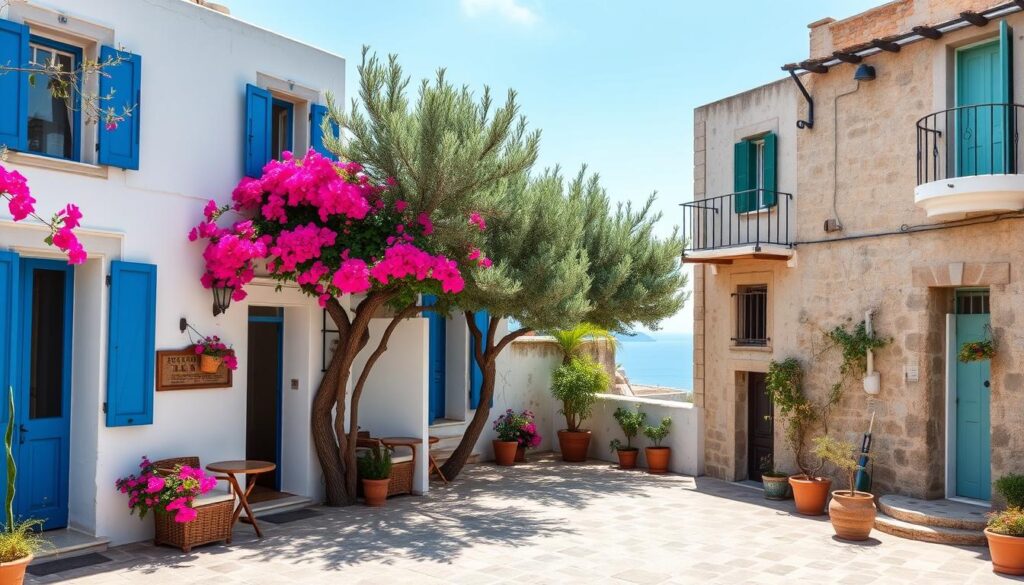 Ein idyllischer griechischer Innenhof, der ein charmantes Boutique-Hotel zeigt, mit weiß getünchten Wänden, blauen Fensterläden, leuchtender Bougainvillea und gemütlichen Sitzgelegenheiten im Freien unter Olivenbäumen. Daneben steht ein rustikales Apartmentgebäude mit traditioneller Steinarchitektur und einem ruhigen Balkon mit Blick auf die Ägäis.