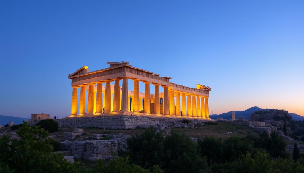 Ein panoramischer Blick auf die Akropolis in Athen bei Sonnenuntergang, der das majestätische Parthenon mit seinen goldenen beleuchteten Säulen zeigt, umgeben von antiken Ruinen und einem klaren blauen Himmel, mit üppigem Grün im Vordergrund. Dies fängt die Großartigkeit und historische Bedeutung dieses ikonischen Ortes ein.