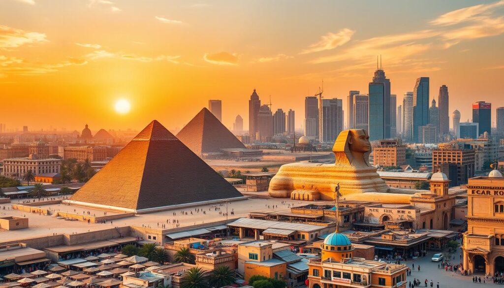 Eine lebendige Panoramaansicht von Kairo, mit den ikonischen Pyramiden von Gizeh im Vordergrund und der majestätischen Sphinx in der Nähe. Die geschäftige Skyline des modernen Kairo mit hohen Gebäuden und reicher Architektur ist ebenfalls sichtbar. Lebendige Märkte, die mit bunten Textilien gefüllt sind, und ein Sonnenuntergang, der warme goldene Töne über die Szene wirft, verstärken die reiche kulturelle Atmosphäre mit Anklängen an ägyptische Kunst und Geschichte.