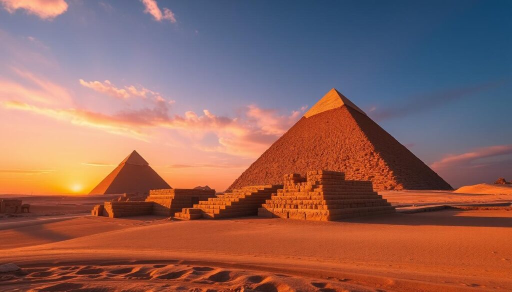 Die Pyramiden von Gizeh unter einem lebendigen Sonnenuntergang, der goldene Sand und der klare blaue Himmel kontrastiert. Die antiken Strukturen mit detaillierter Textur werfen dramatische Schatten, während eine ruhige Atmosphäre die ikonischen Pyramiden umgibt. Im Hintergrund erstreckt sich die weite Wüstenlandschaft in der Ferne.