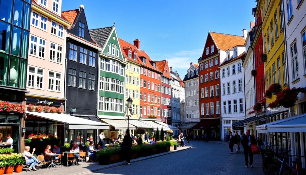 Eine malerische Straße in Kopenhagen, gesäumt von vielfältigen Hotels, die eine Mischung aus architektonischen Stilen präsentieren – von modernen Glasfassaden bis hin zu charmanten historischen Gebäuden. Lebendige Straßencafés mit Menschen, die ihre Zeit genießen, bunte Blumenkästen an den Fenstern und Fahrräder, die entlang der Gehwege abgestellt sind, unter einem strahlend blauen Himmel.