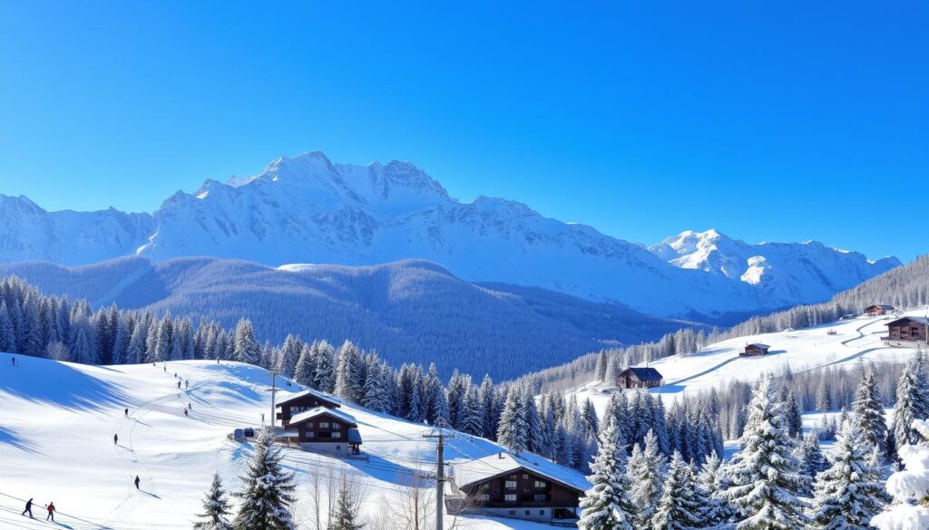 Schneebedeckte Berge, die über ein malerisches Skigebiet in Kranjska Gora, Slowenien, emporragen, mit Skifahrern, die die makellosen Pisten hinabgleiten, gemütlichen Holzhütten, die im Tal eingebettet sind, und frostigen Kiefern, die die Szene unter einem klaren blauen Himmel umgeben.