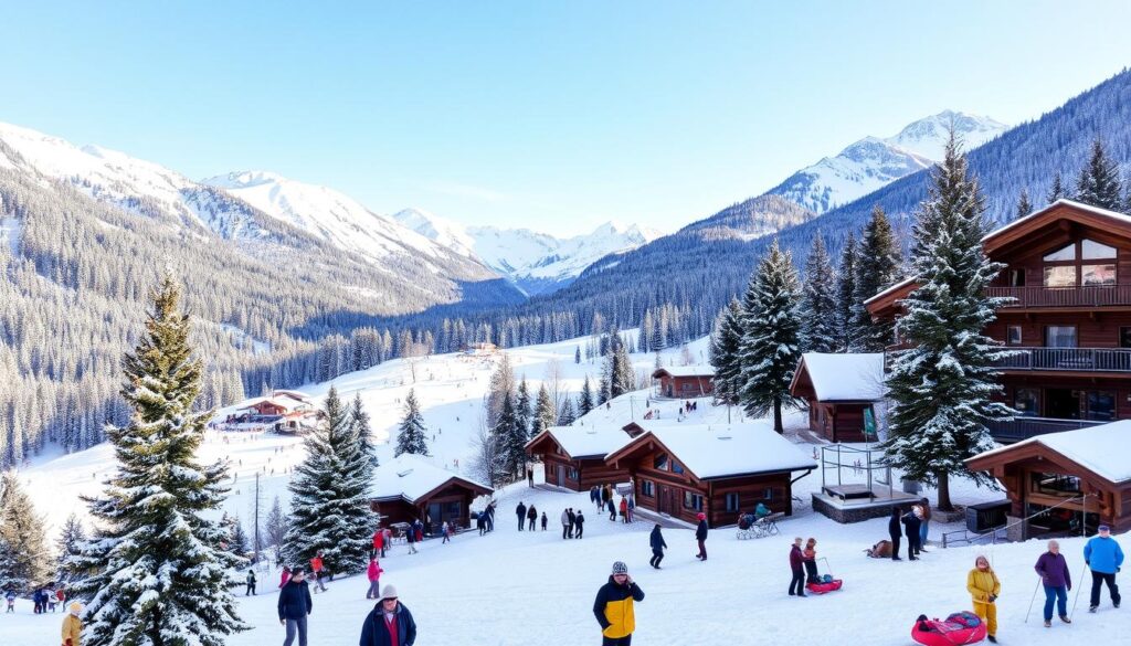 Schneebedeckte Berge in Kranjska Gora, lebendige Skipisten, die von Skifahrern und Snowboardern bevölkert sind, gemütliche Holzhütten, mit Schnee bedeckte Kiefern, ein klarer blauer Himmel, Menschen, die Winteraktivitäten wie Schneeschuhwandern und Schlittenfahren genießen, eine idyllische Winterlandschaft voller Leben und Energie.