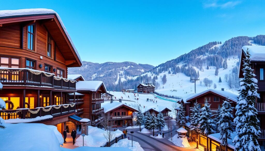 Eine malerische Winterszene in Poiana Brașov mit gemütlichen Hotels, umgeben von schneebedeckten Bergen, funkelnden Lichtern, die hölzerne Balkone erleuchten, warmer Holzarchitektur mit großen Fenstern, die einladende Innenräume zeigen, einem klaren blauen Himmel darüber und Skipisten im Hintergrund, auf denen Skifahrer den makellosen weißen Schnee genießen.