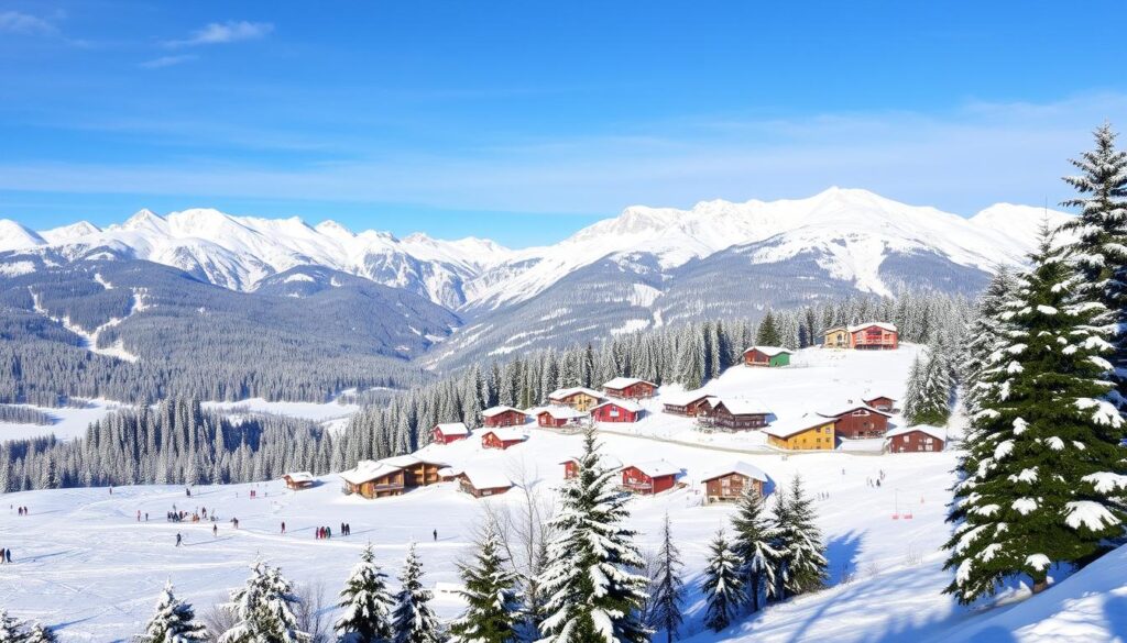 Schneebedeckte Alpenlandschaft mit majestätischen Bergen im Hintergrund, einem lebhaften Skigebiet mit bunten Chalets und Skifahrern auf den Pisten, schneebeladenen Kiefern, klarem blauen Himmel und sanftem Sonnenlicht, das die Szenerie erhellt.