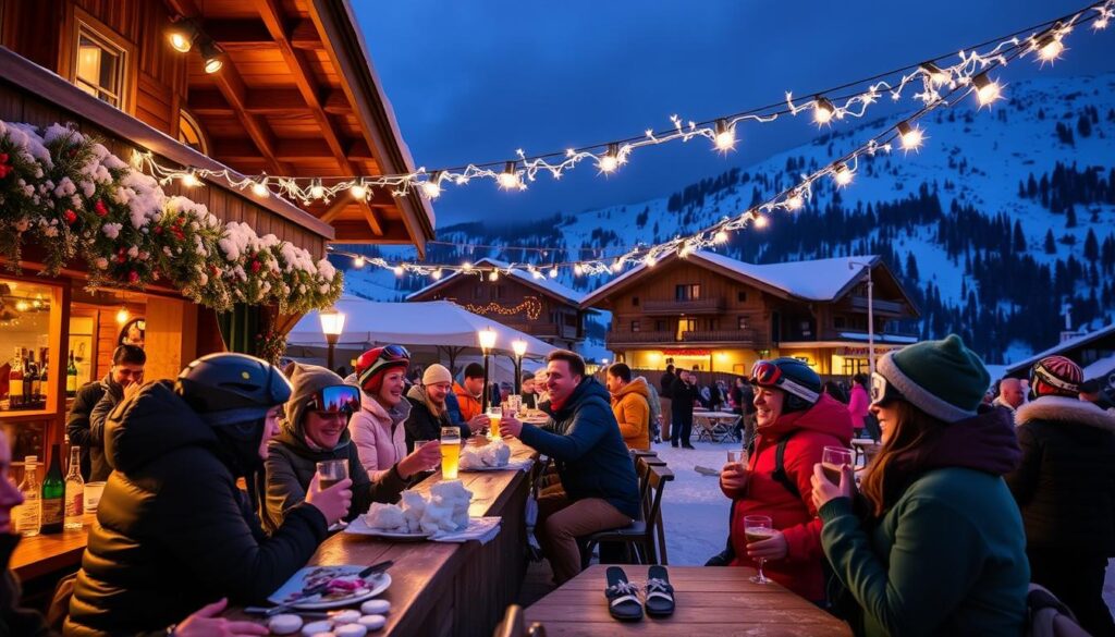 Eine lebhafte Après-Ski-Szene in Saalbach-Hinterglemm, mit gemütlichen Holzchalets, deren warme Lichter einladend strahlen. Skifahrer genießen Getränke an einer Outdoor-Bar, während schneebedeckte Berge die Kulisse bilden. Die festliche Atmosphäre ist erfüllt von Lachen und Freude, bunte Skiausrüstung setzt Akzente, und funkelnde Lichterketten hängen über der Szenerie.