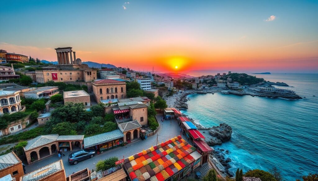 Eine lebendige türkische Landschaft mit einer atemberaubenden Küstenlinie und türkisfarbenem Wasser, historischen Ruinen und traditioneller türkischer Architektur. Lebhafte lokale Märkte bieten bunte Gewürze und Textilien, während ein ruhiger Sonnenuntergang über dem Mittelmeer eine Atmosphäre des Reisens in der Türkei vermittelt.