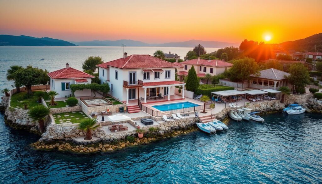 Eine malerische Küstenvilla in der Türkei, die traditionelle Architektur mit modernen Annehmlichkeiten vereint. Umgeben von üppigem Grün und funkelndem, blauem Wasser bietet sie verschiedene Unterkunftsmöglichkeiten, von gemütlichen Budget-Bungalows bis hin zu luxuriösen Strandresorts. Der Sonnenuntergang taucht die Szenerie in warme Farben.