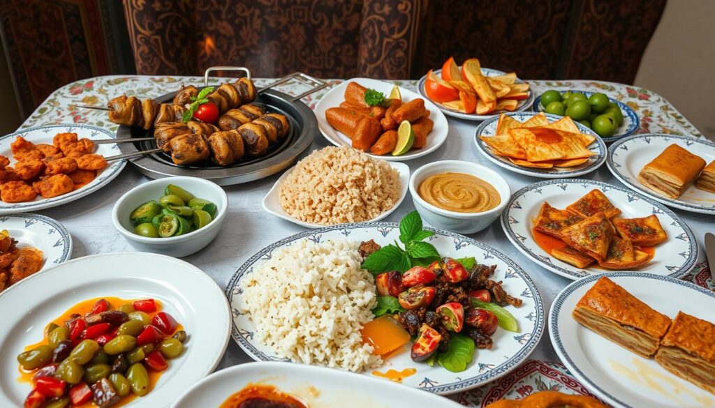 Ein wunderschön gedeckter Tisch mit einer Vielzahl traditioneller türkischer Gerichte, darunter Kebabs, die auf dem Grill brutzeln, duftender Reis-Pilaf, frische Mezes wie Hummus und gefüllte Weinblätter, lebendige Salate mit Granatapfelkernen und süße Baklava, die mit Honig überzogen sind. Der Tisch ist vor dem Hintergrund prächtiger türkischer Textilien und warmen, einladenden Farben arrangiert.