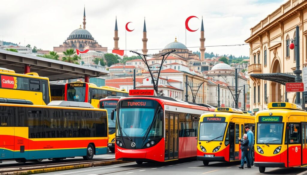 Eine lebendige Szene, die verschiedene öffentliche Verkehrsmittel in der Türkei zeigt. Zu sehen ist eine belebte Bushaltestelle mit bunten lokalen Bussen, eine Straßenbahn, die durch historische Straßen gleitet, Menschen, die an einer U-Bahn-Station warten, und traditionelle Dolmuş-Taxis in Bewegung. Der Hintergrund ist von ikonischen türkischen Sehenswürdigkeiten und lebendigem Straßenleben geprägt.