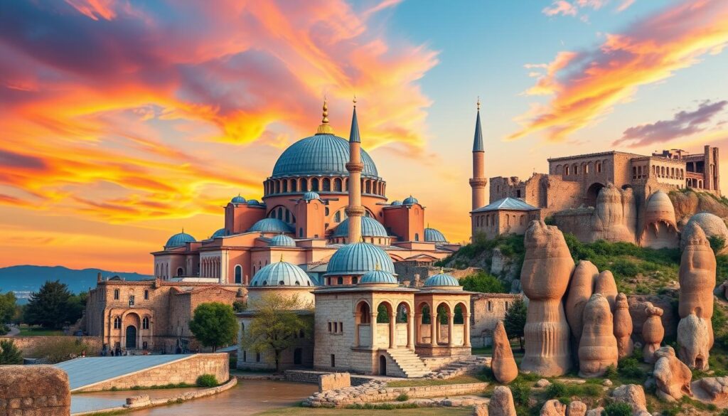 Eine atemberaubende Collage ikonischer türkischer Wahrzeichen, mit der majestätischen Kuppel der Hagia Sophia, den filigranen Details der Blauen Moschee, den antiken Ruinen von Ephesos und den einzigartigen Felsformationen Kappadokiens. All dies ist vor dem Hintergrund eines lebendigen Sonnenuntergangshimmels zu sehen, der eine Mischung aus reicher Geschichte und kulturellem Erbe zeigt.