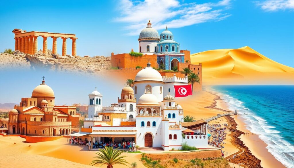 Eine lebendige Collage der ikonischen Wahrzeichen Tunesiens, darunter die antiken Ruinen von Karthago, die beeindruckende blau-weiße Architektur von Sidi Bou Said, die historische Medina von Tunis mit ihren geschäftigen Märkten, die weiten goldenen Dünen der Sahara und das funkelnde Wasser der Mittelmeerküste. Helle Farben und filigrane Muster spiegeln die reiche kulturelle Vielfalt Tunesiens wider.