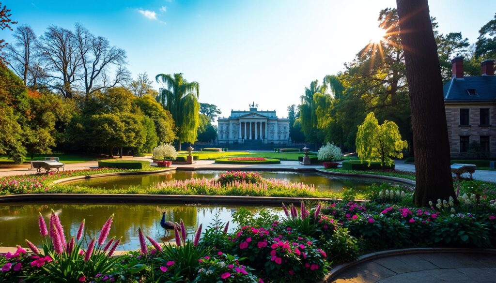 Idyllische Ansicht des Łazienki-Parks in Warschau, mit üppigem Grün, ruhigen Teichen und klassischer Architektur, darunter der ikonische Palast auf der Insel, umgeben von blühenden Blumengärten. Sanftes Sonnenlicht fällt durch hohe Bäume, während Pfauen anmutig umherwandern.