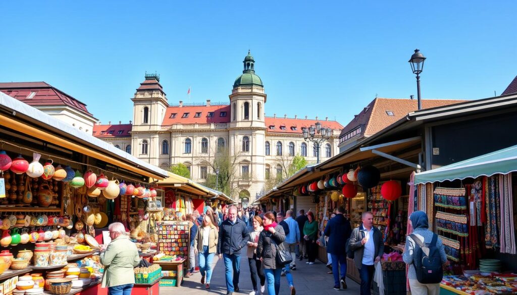 Ein lebhafter Straßenmarkt in Warschau mit bunten Ständen voller handgefertigter Souvenirs, traditioneller polnischer Keramik und lebendiger Textilien, umgeben von Einheimischen und Touristen. Im Hintergrund ist historische Architektur unter einem klaren blauen Himmel zu sehen.